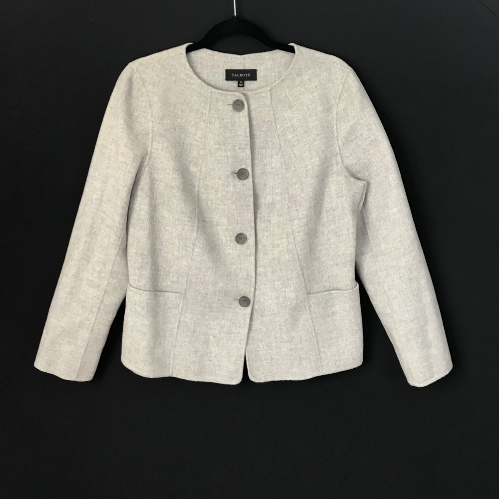 Talbots Blazer Women's Size 12 Grey Wool Four Button Peplum Back Jacket EUC